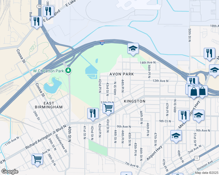 map of restaurants, bars, coffee shops, grocery stores, and more near 1212 43rd Street North in Birmingham