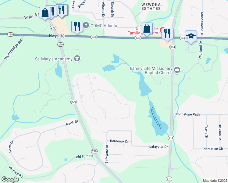 map of restaurants, bars, coffee shops, grocery stores, and more near 485 Dix Lee On Drive in Fairburn