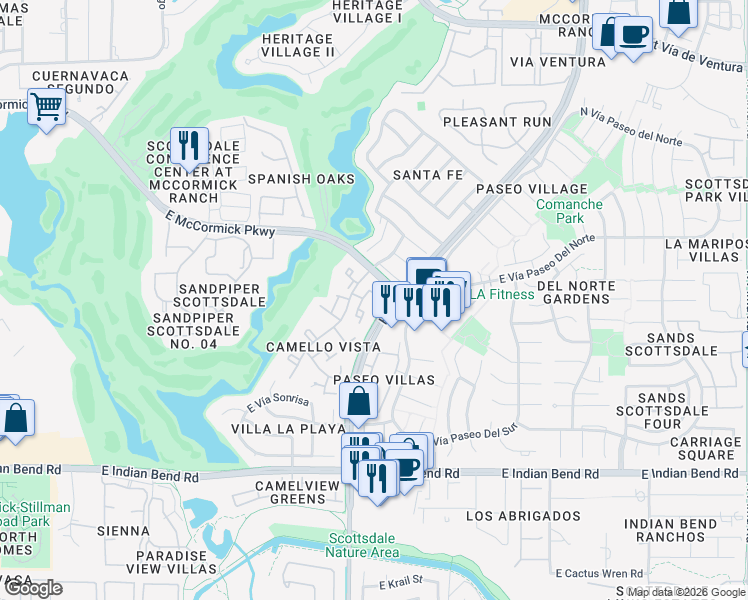 map of restaurants, bars, coffee shops, grocery stores, and more near 7417 North Vía Camello Del Norte in Scottsdale