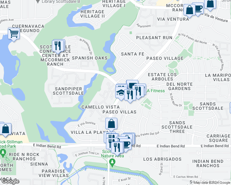 map of restaurants, bars, coffee shops, grocery stores, and more near 7417 North Vía Camello Del Norte in Scottsdale