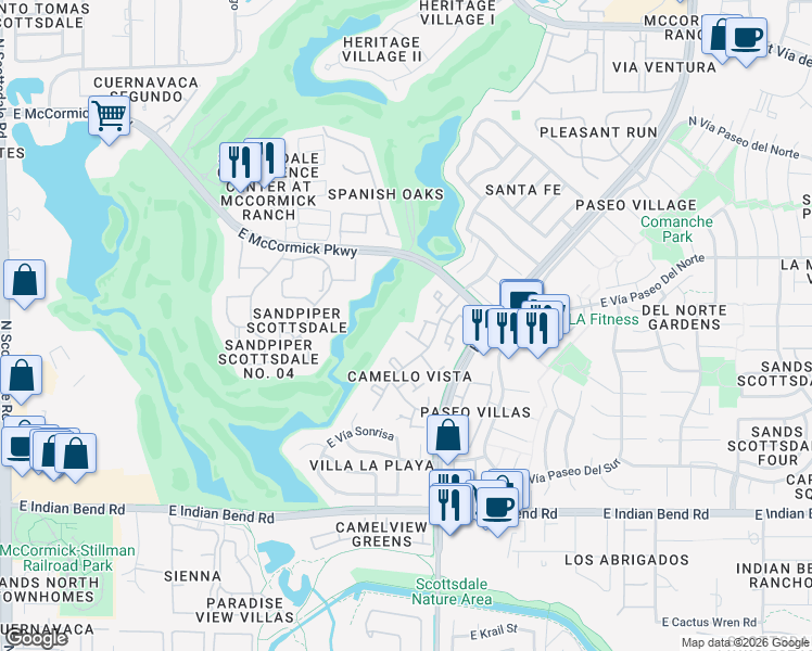 map of restaurants, bars, coffee shops, grocery stores, and more near 7344 North Vía Camello Del Norte in Scottsdale