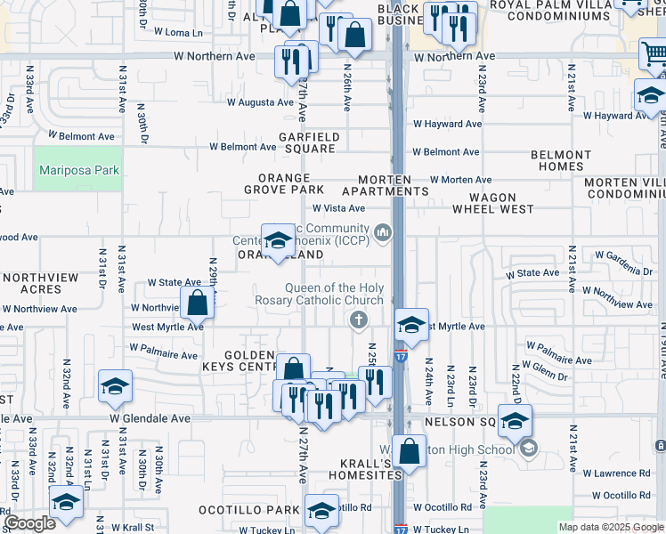 map of restaurants, bars, coffee shops, grocery stores, and more near 2639 West State Avenue in Phoenix