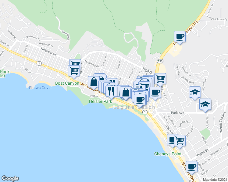 map of restaurants, bars, coffee shops, grocery stores, and more near 281 Cypress Drive in Laguna Beach