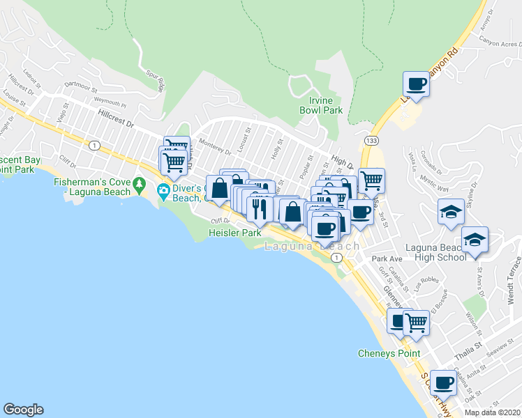 map of restaurants, bars, coffee shops, grocery stores, and more near 364 North Coast Highway in Laguna Beach