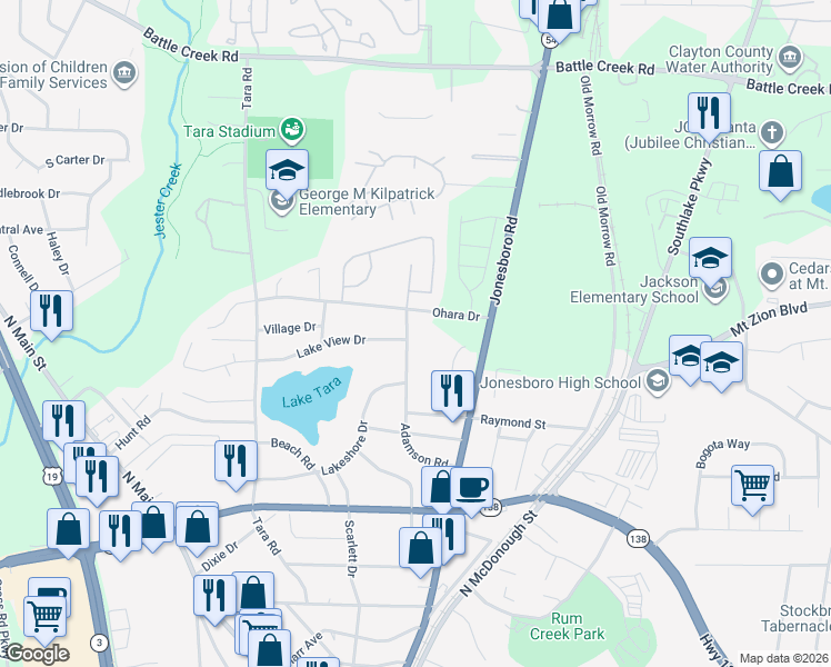 map of restaurants, bars, coffee shops, grocery stores, and more near 7684 Adamson Road in Jonesboro