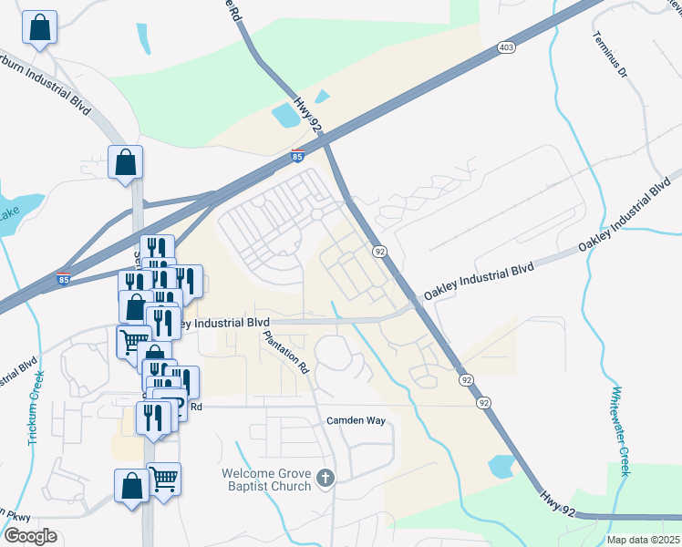 map of restaurants, bars, coffee shops, grocery stores, and more near 7745 Squire Court in Fairburn