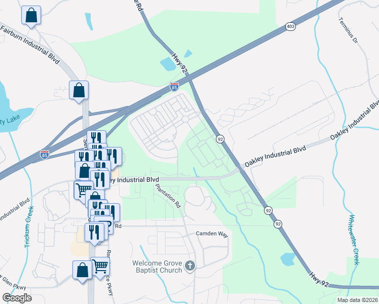 map of restaurants, bars, coffee shops, grocery stores, and more near 7766 Carnegie Drive in Fairburn