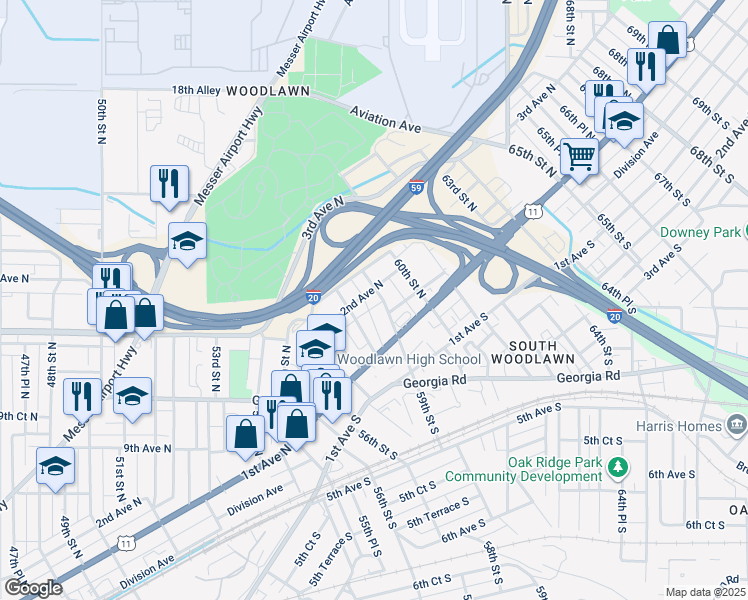 map of restaurants, bars, coffee shops, grocery stores, and more near 128 59th Street North in Birmingham