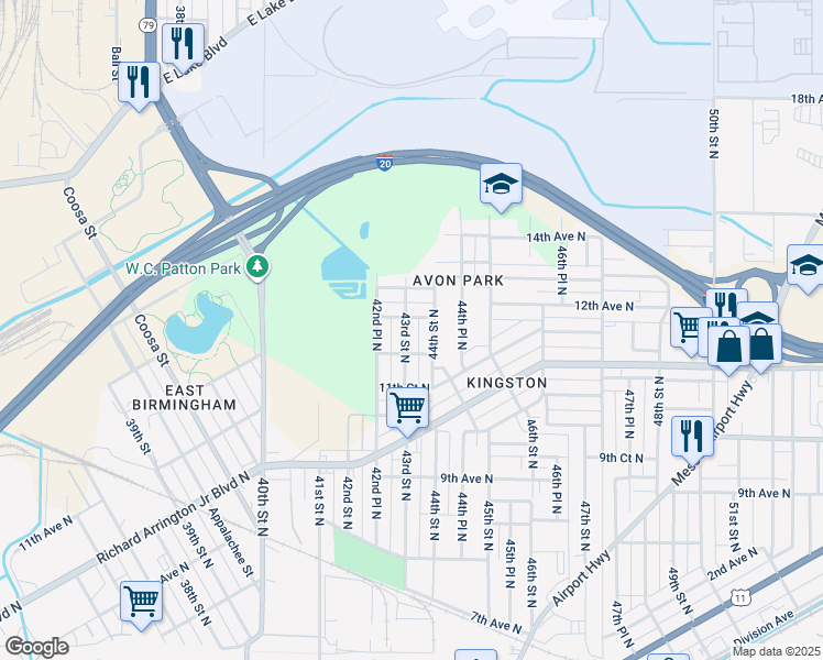 map of restaurants, bars, coffee shops, grocery stores, and more near 1212 43rd Street North in Birmingham
