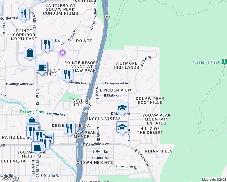 map of restaurants, bars, coffee shops, grocery stores, and more near 2035 East Gardenia Avenue in Phoenix