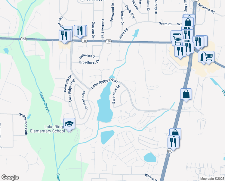 map of restaurants, bars, coffee shops, grocery stores, and more near 7737 Bar Harbor Drive in Riverdale
