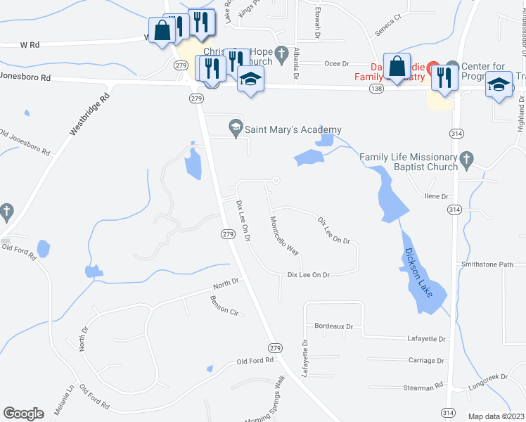 map of restaurants, bars, coffee shops, grocery stores, and more near 135 Monticello Way in Fayetteville