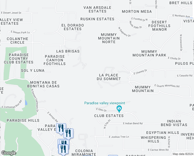 map of restaurants, bars, coffee shops, grocery stores, and more near 5678 East Cheney Drive in Paradise Valley