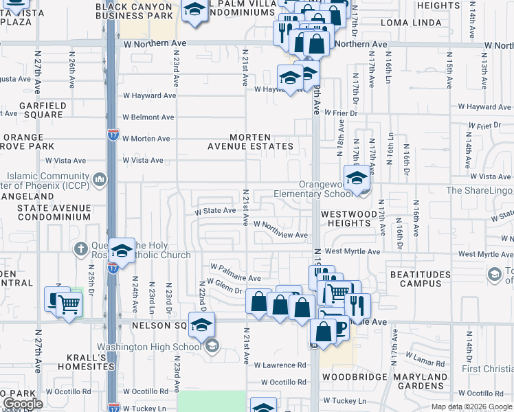 map of restaurants, bars, coffee shops, grocery stores, and more near in Phoenix