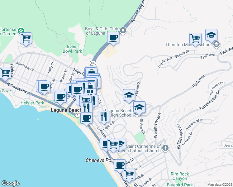 map of restaurants, bars, coffee shops, grocery stores, and more near 499 Hilledge Dr in Laguna Beach