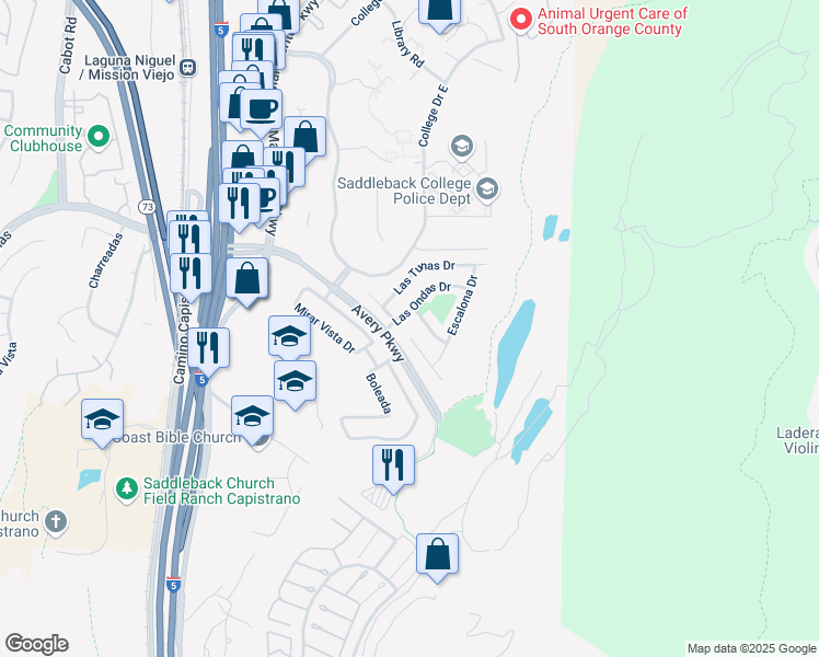 map of restaurants, bars, coffee shops, grocery stores, and more near 26582 Las Ondas Drive in Mission Viejo