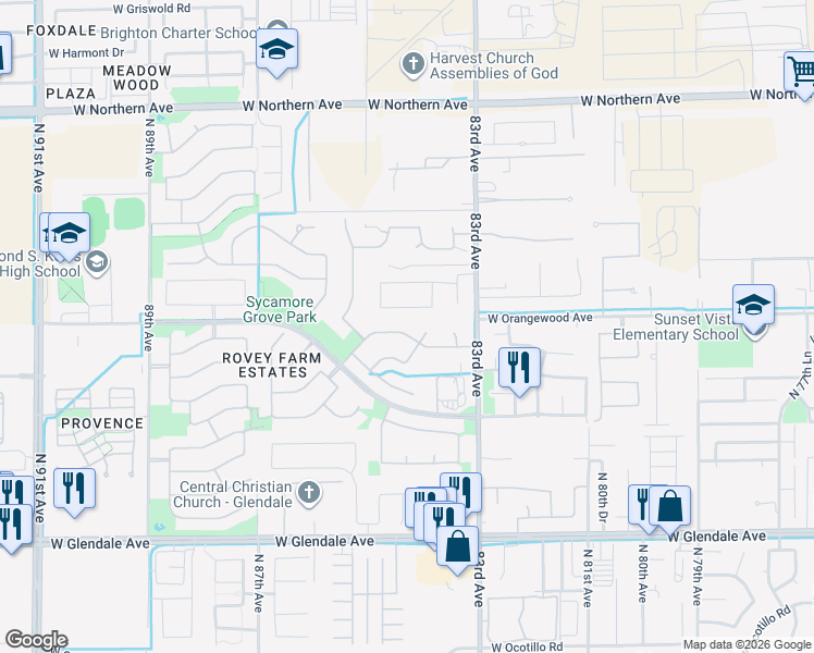 map of restaurants, bars, coffee shops, grocery stores, and more near 8404 West Gardenia Avenue in Glendale