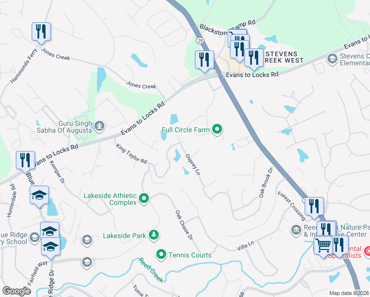 map of restaurants, bars, coffee shops, grocery stores, and more near 775 Osprey Lane in Martinez