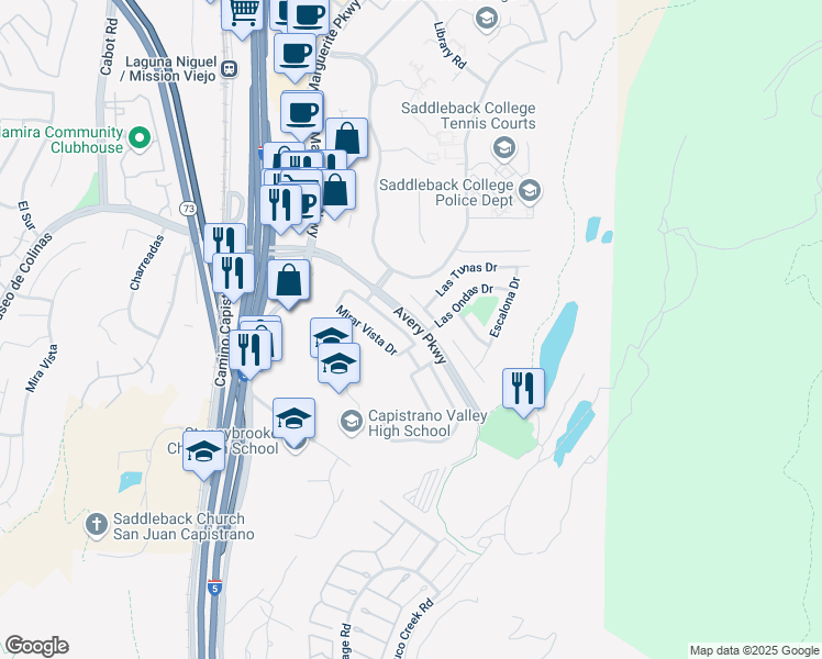map of restaurants, bars, coffee shops, grocery stores, and more near 26531 Jacinto Drive in Mission Viejo