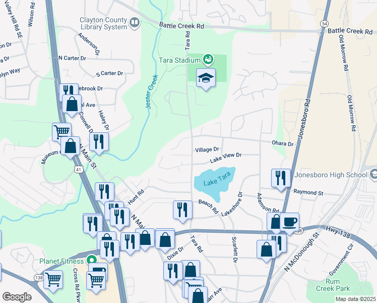 map of restaurants, bars, coffee shops, grocery stores, and more near 7685 Tara Road in Jonesboro
