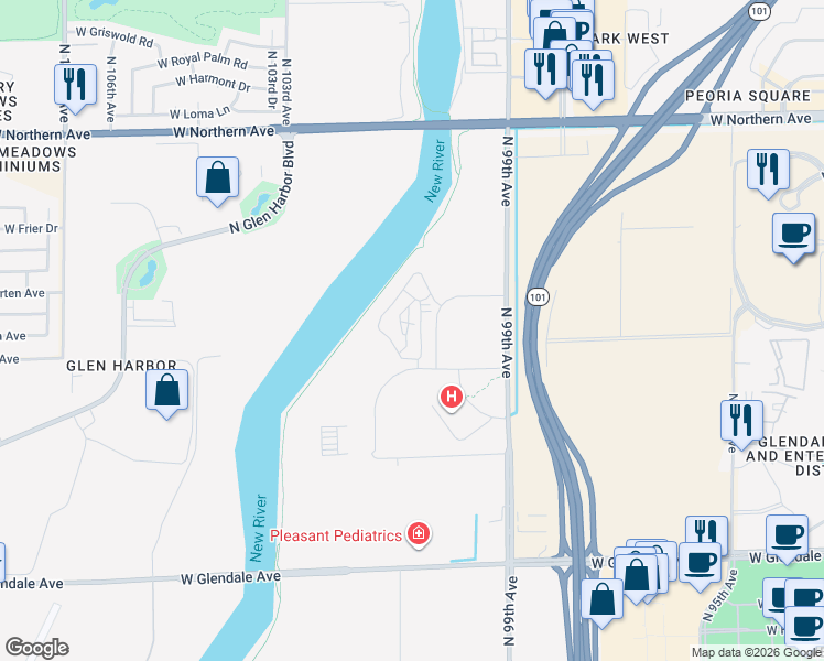 map of restaurants, bars, coffee shops, grocery stores, and more near 7300 North 99th Avenue in Glendale