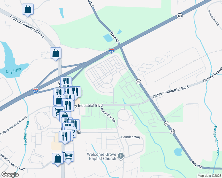 map of restaurants, bars, coffee shops, grocery stores, and more near 7787 Bucknell Terrace in Fairburn
