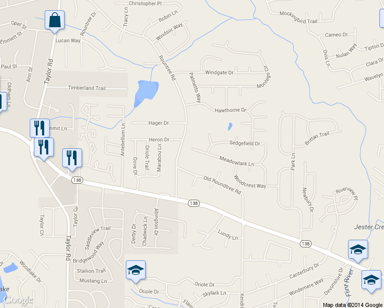 map of restaurants, bars, coffee shops, grocery stores, and more near 67 Meadowlark Lane in Jonesboro