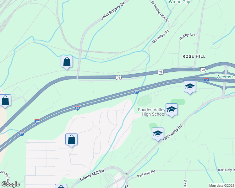 map of restaurants, bars, coffee shops, grocery stores, and more near Interstate 20 in Irondale