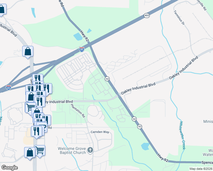 map of restaurants, bars, coffee shops, grocery stores, and more near 6003-6689 Spence Road in Fairburn