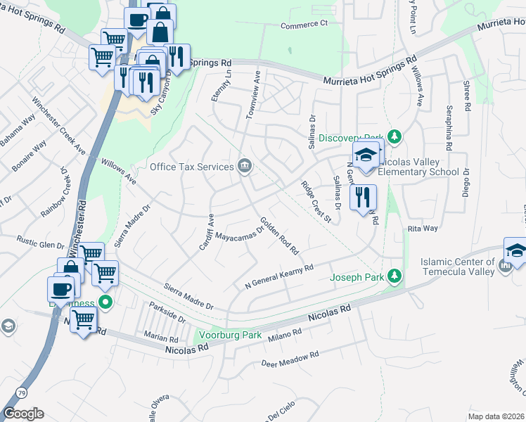 map of restaurants, bars, coffee shops, grocery stores, and more near 39505 Chappellet Circle in Murrieta