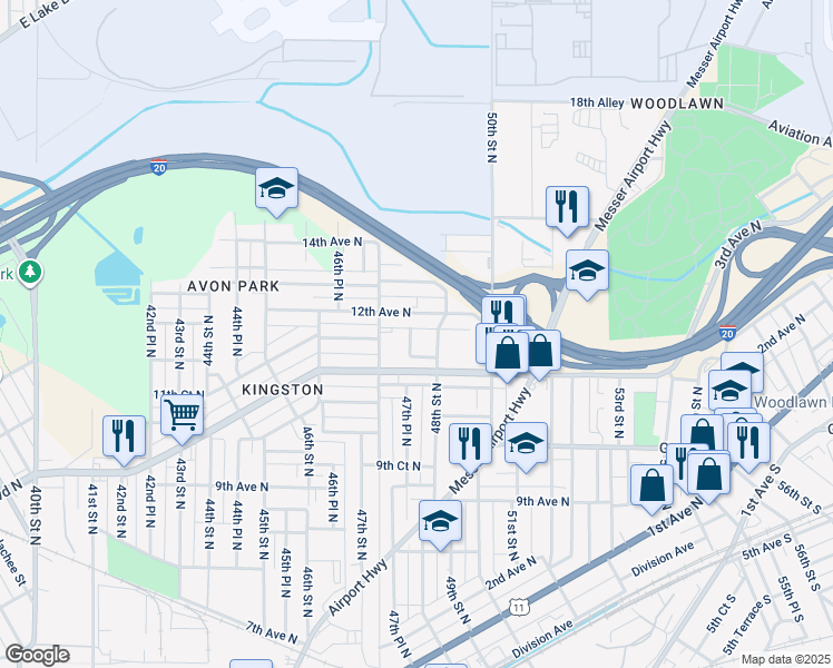 map of restaurants, bars, coffee shops, grocery stores, and more near 1115 47th Place North in Birmingham