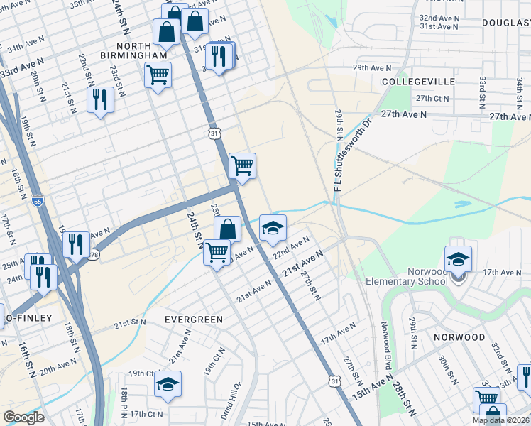 map of restaurants, bars, coffee shops, grocery stores, and more near 2315 26th Avenue North in Birmingham