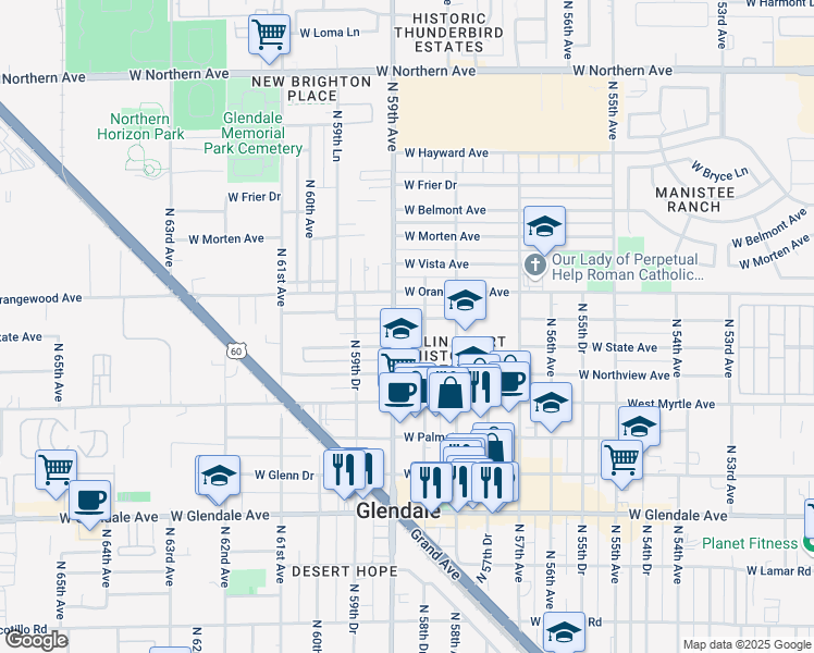 map of restaurants, bars, coffee shops, grocery stores, and more near 7308 North 58th Drive in Glendale