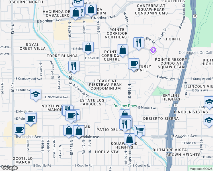 map of restaurants, bars, coffee shops, grocery stores, and more near 1411 East Orangewood Avenue in Phoenix