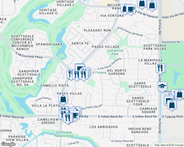 map of restaurants, bars, coffee shops, grocery stores, and more near 8333 East Vía Paseo Del Norte in Scottsdale