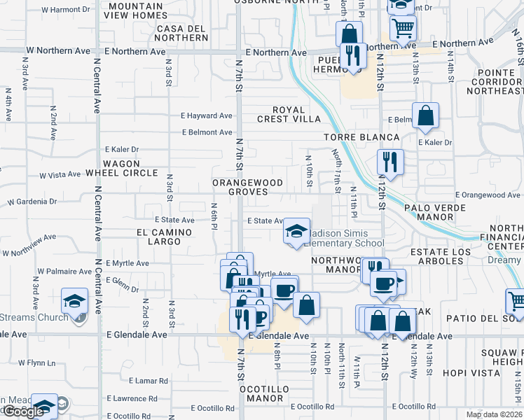 map of restaurants, bars, coffee shops, grocery stores, and more near in Phoenix