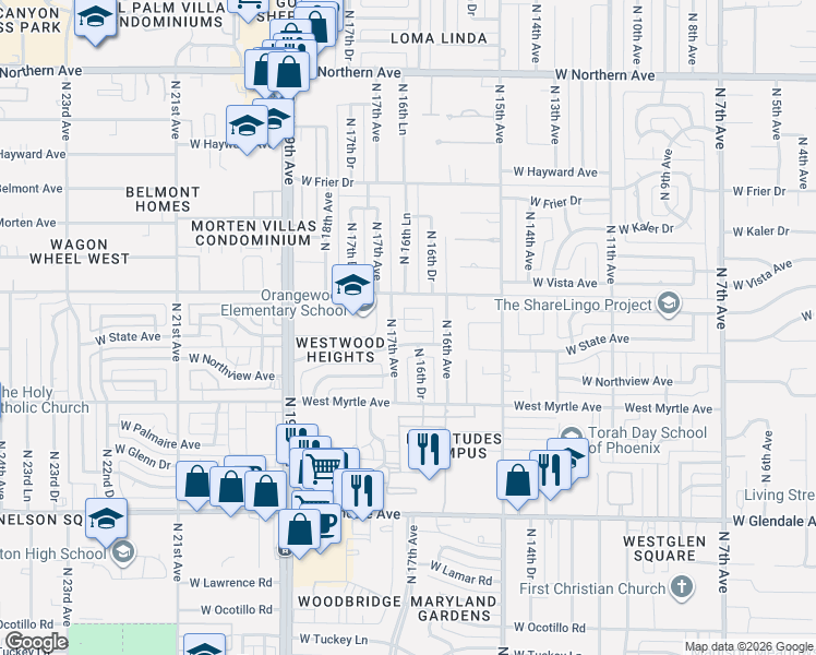 map of restaurants, bars, coffee shops, grocery stores, and more near 1636 West State Avenue in Phoenix