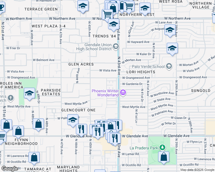 map of restaurants, bars, coffee shops, grocery stores, and more near 7342 North 44th Drive in Glendale