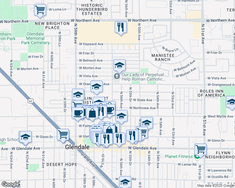 map of restaurants, bars, coffee shops, grocery stores, and more near 5611 West Gardenia Avenue in Glendale