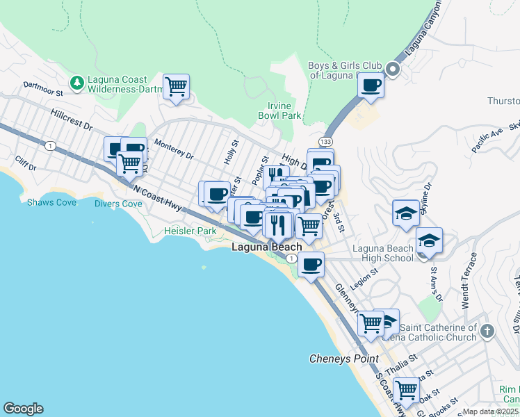 map of restaurants, bars, coffee shops, grocery stores, and more near in Laguna Beach