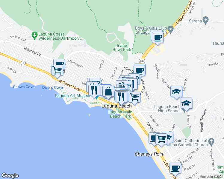 map of restaurants, bars, coffee shops, grocery stores, and more near 231 Cedar Way in Laguna Beach