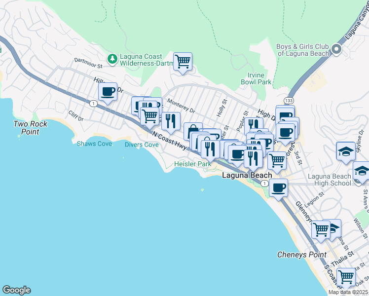 map of restaurants, bars, coffee shops, grocery stores, and more near 374 North Pacific Coast Highway in Laguna Beach