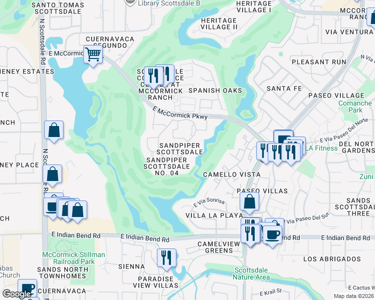 map of restaurants, bars, coffee shops, grocery stores, and more near 7731 East Bowie Drive in Scottsdale