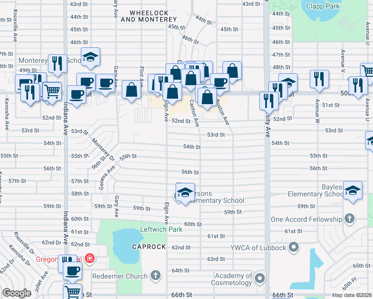 map of restaurants, bars, coffee shops, grocery stores, and more near 2807 54th Street in Lubbock