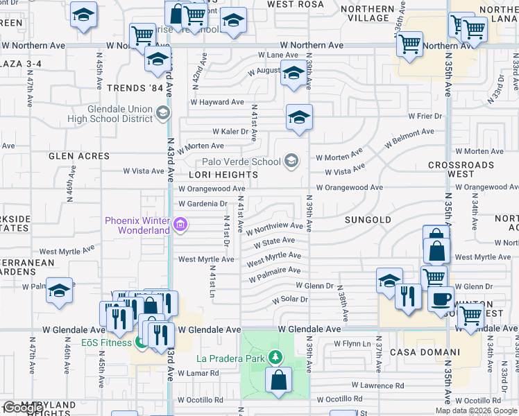 map of restaurants, bars, coffee shops, grocery stores, and more near 4028 West Gardenia Avenue in Phoenix