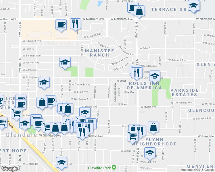 map of restaurants, bars, coffee shops, grocery stores, and more near 7418 North 53rd Avenue in Glendale
