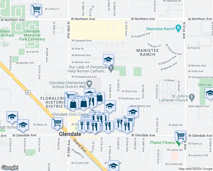 map of restaurants, bars, coffee shops, grocery stores, and more near 5611 West Gardenia Avenue in Glendale