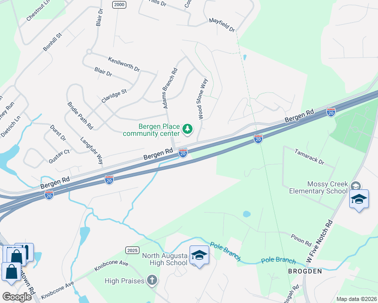 map of restaurants, bars, coffee shops, grocery stores, and more near Interstate 20 in North Augusta