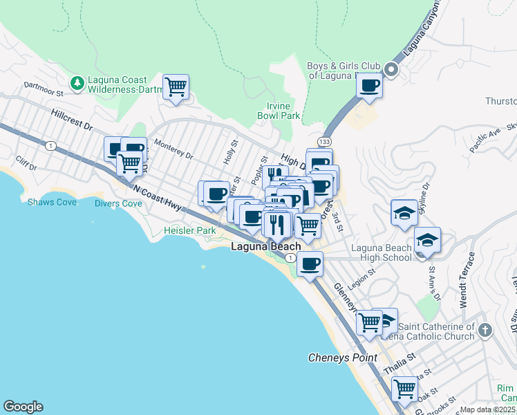 map of restaurants, bars, coffee shops, grocery stores, and more near in Laguna Beach