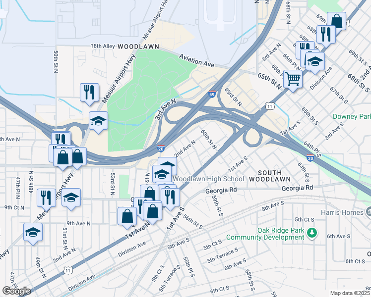 map of restaurants, bars, coffee shops, grocery stores, and more near 128 59th Street North in Birmingham